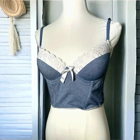 Denim Y2K lace trimmed bustier 34C western boho coquette coastal cowgirl - Picture 1 of 8